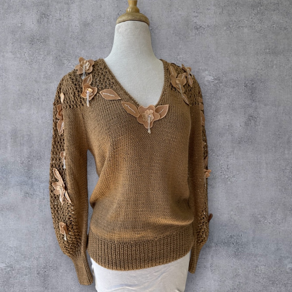 Vtg 80s Brown Crochet Knit Sweater Flower Appliqués Beaded Sequin Sz M Cottage
